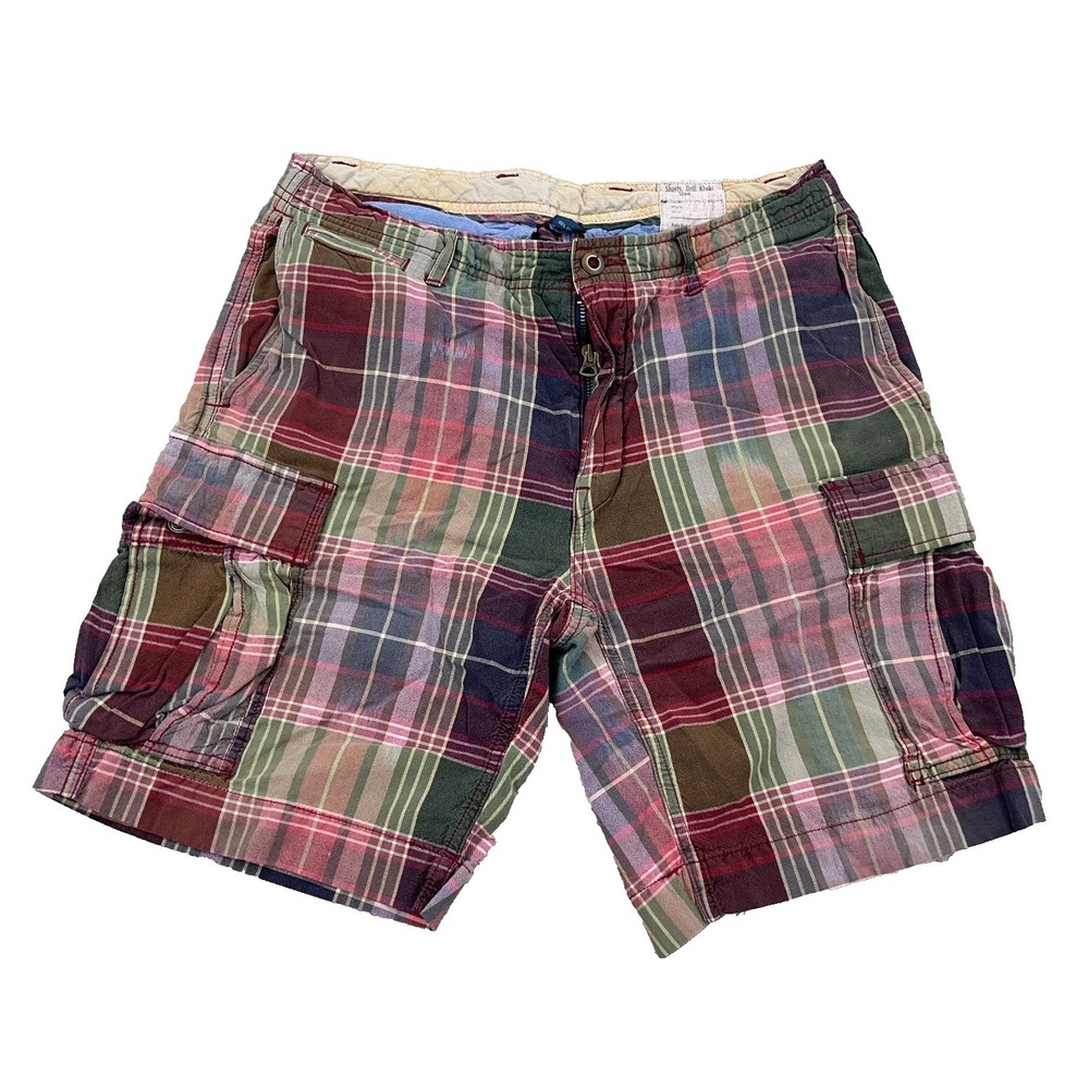 Vintage Polo Ralph Lauren Cargo Shorts Men 32 Maroon Tartan Plaid Multi Preppy *